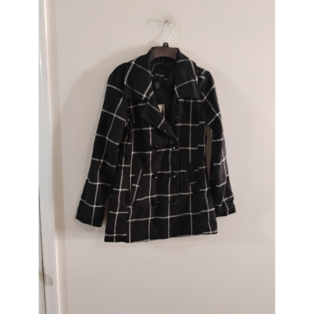 Me Jane Womens Black White Windowpane Plaid Wool Blend Pea Coat Large NWT